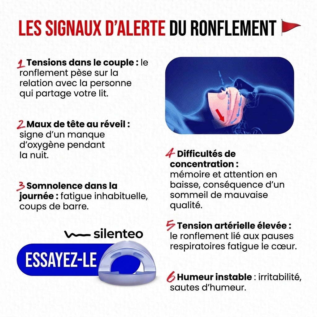 Les signaux d'alerte du ronflement : fatigue au réveil, bouche sèche, sommeil du partenaire perturbé