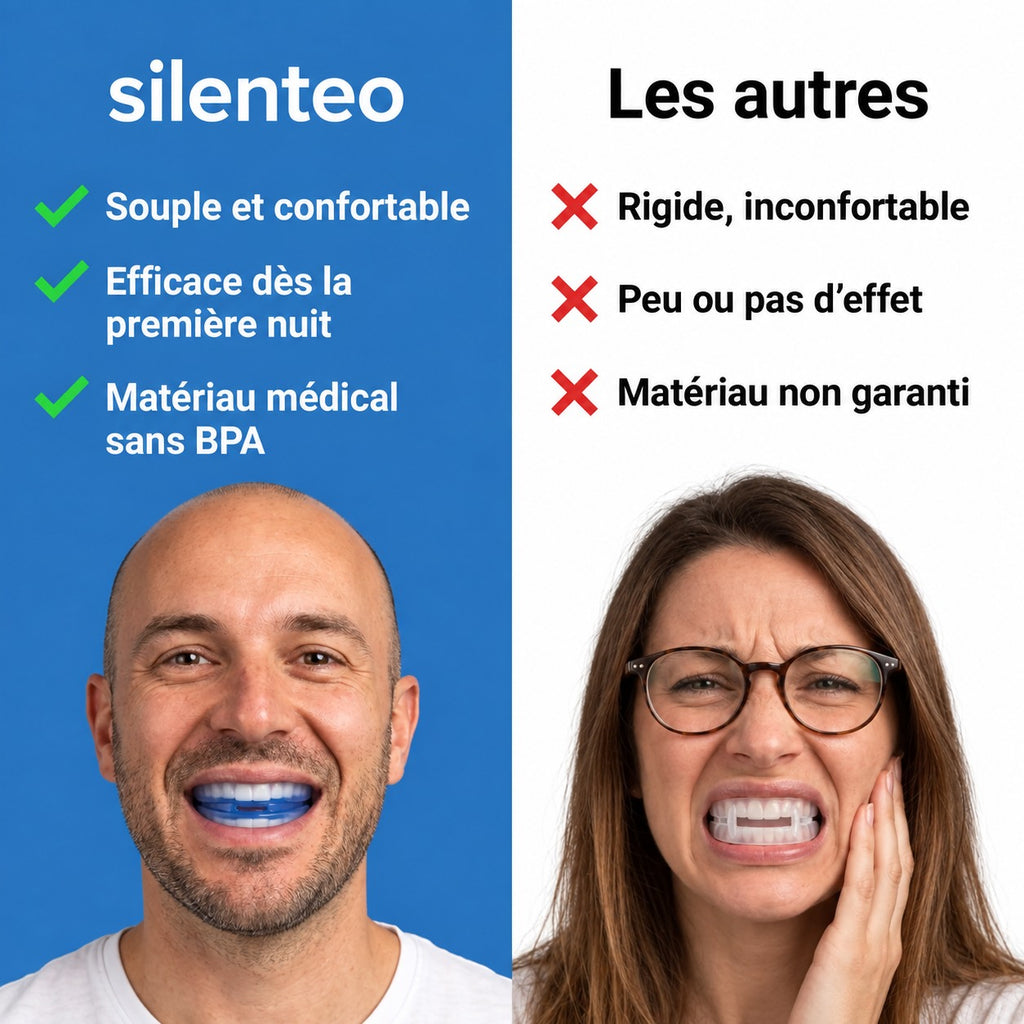 Silenteo comparé aux autres embouts : souple, efficace dès la première nuit, matériau médical sans BPA