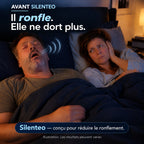 À ceux qui ronflent… et à ceux qui dorment à côté. Silenteo, pour des nuits plus paisibles. Couple au lit la nuit : l'homme ronfle, sa partenaire réveillée se bouche l'oreille.